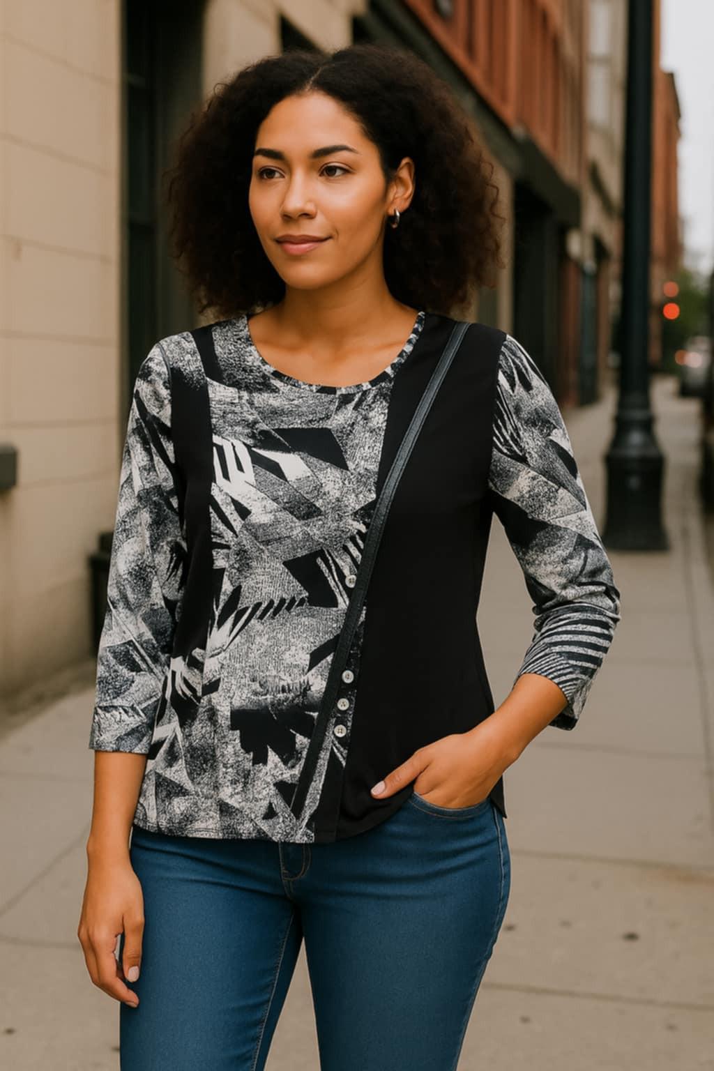 Urban chic woman in black-and-white abstract print tunic with 3/4 sleeves