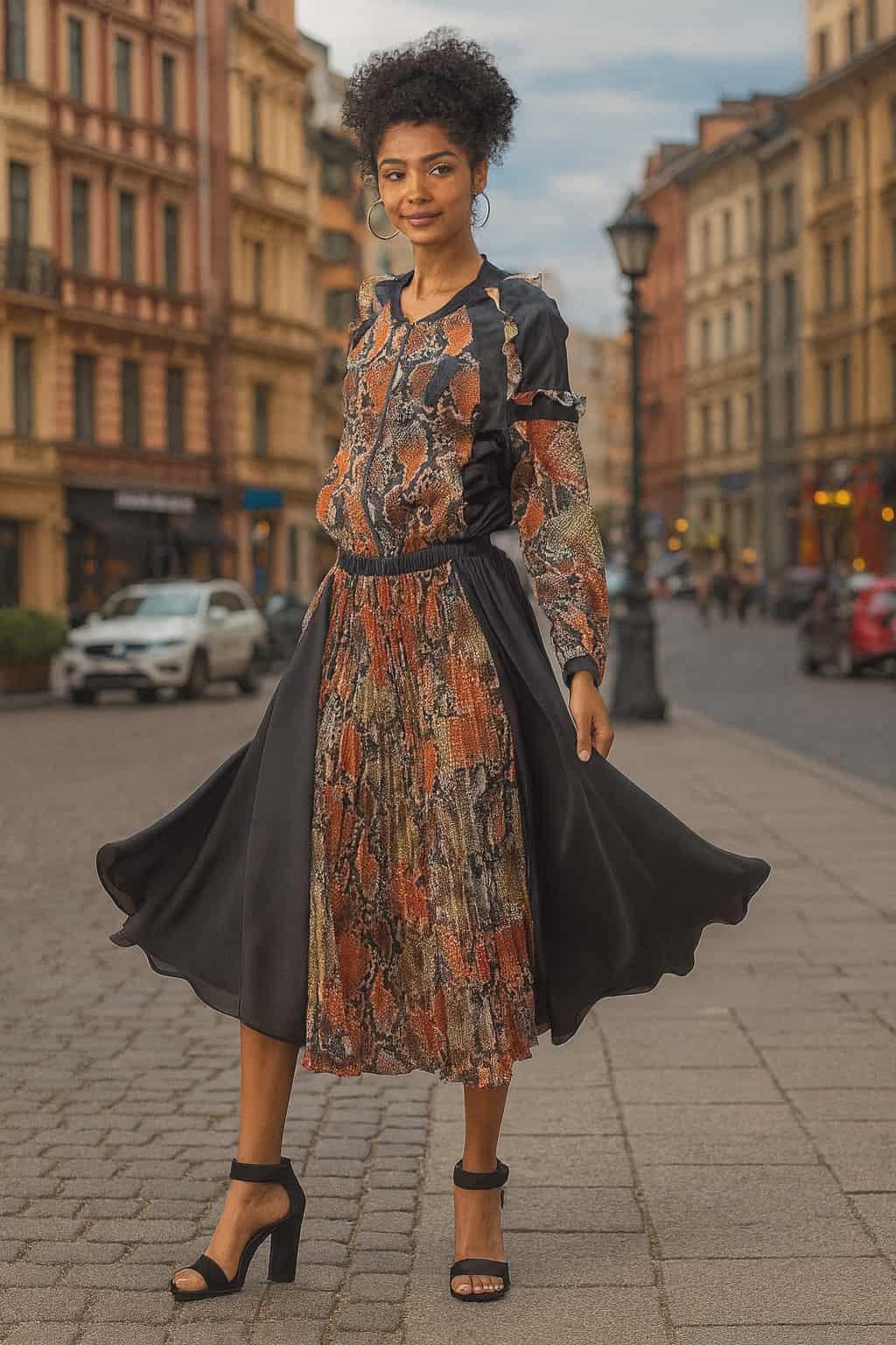 Chic urban woman wearing snakeskin print and black contrast midi dress with pleated skirt and flowing panels