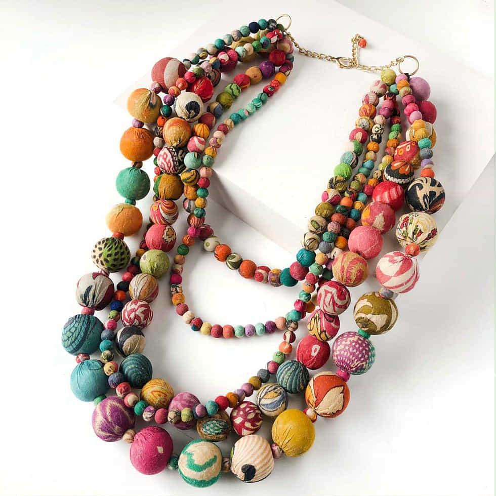 WorldFinds multicolor fabric bead statement necklace handmade from recycled Kantha textiles – vibrant fair-trade jewelry