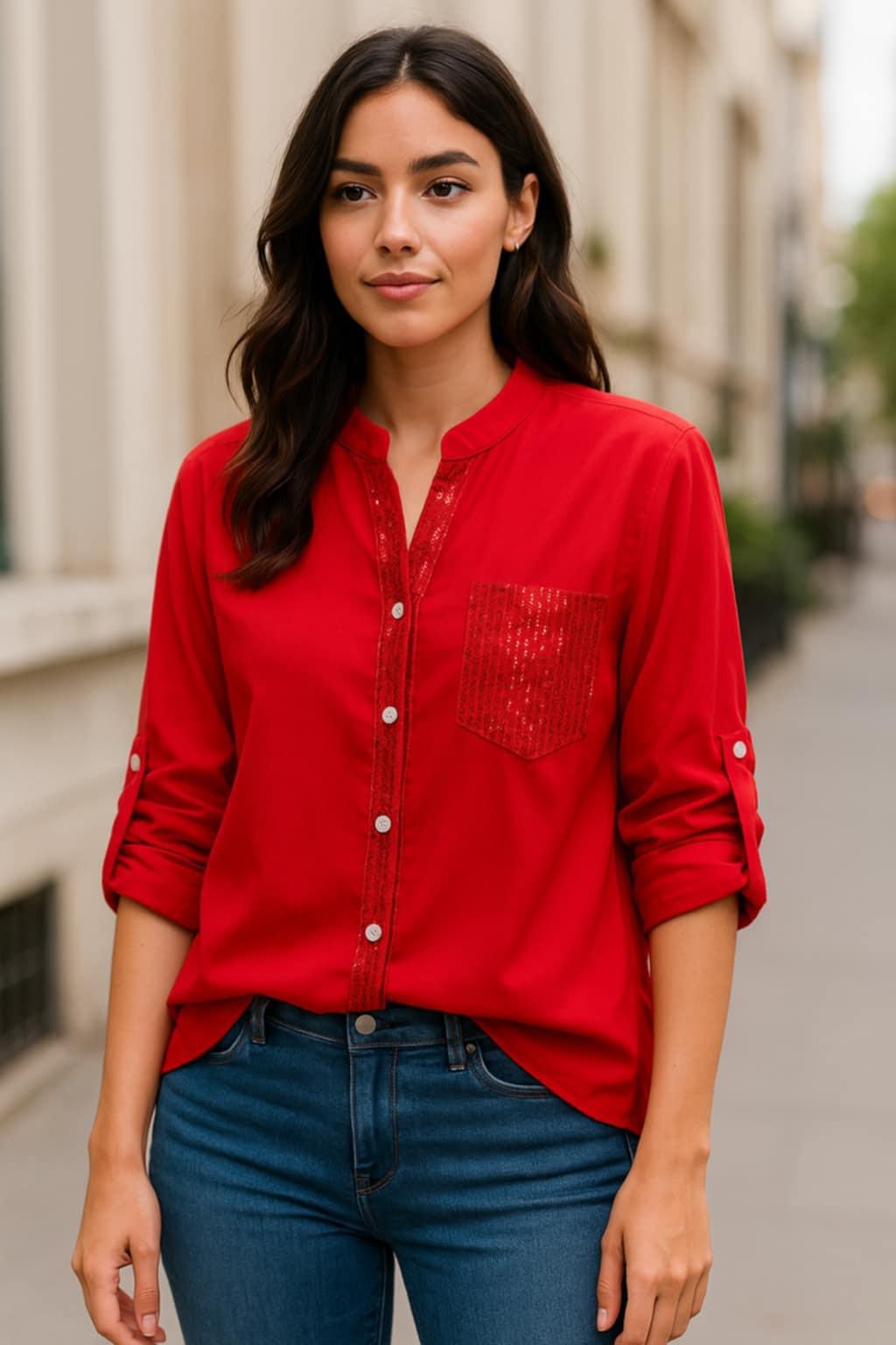 Red sequin trim blouse with sparkling pocket and button front