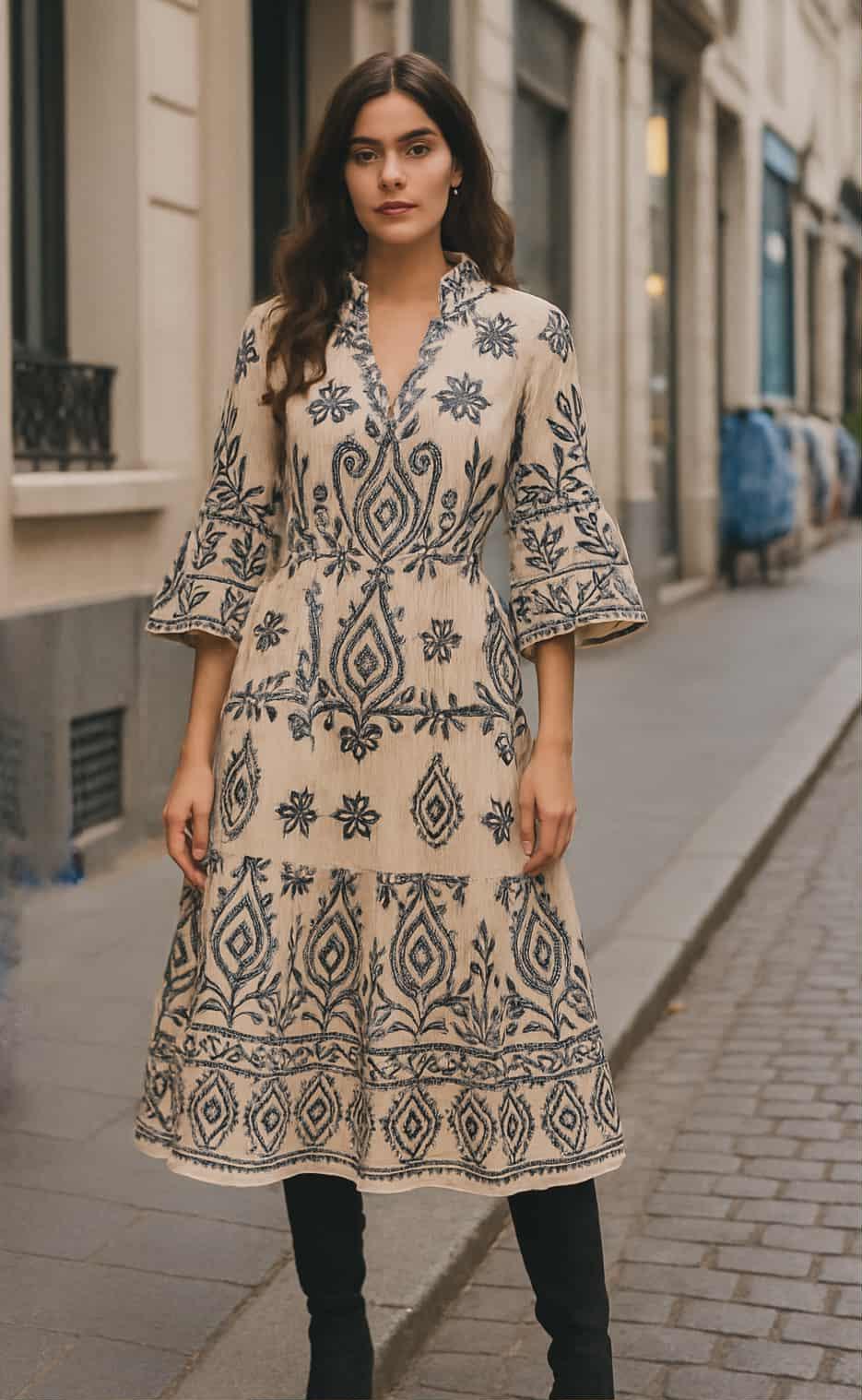 “Boho chic embroidered print dress with black print detailing – front view