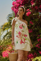 Sugar Lips tropical floral one-shoulder summer dress with pink flowers and breezy resort silhouette