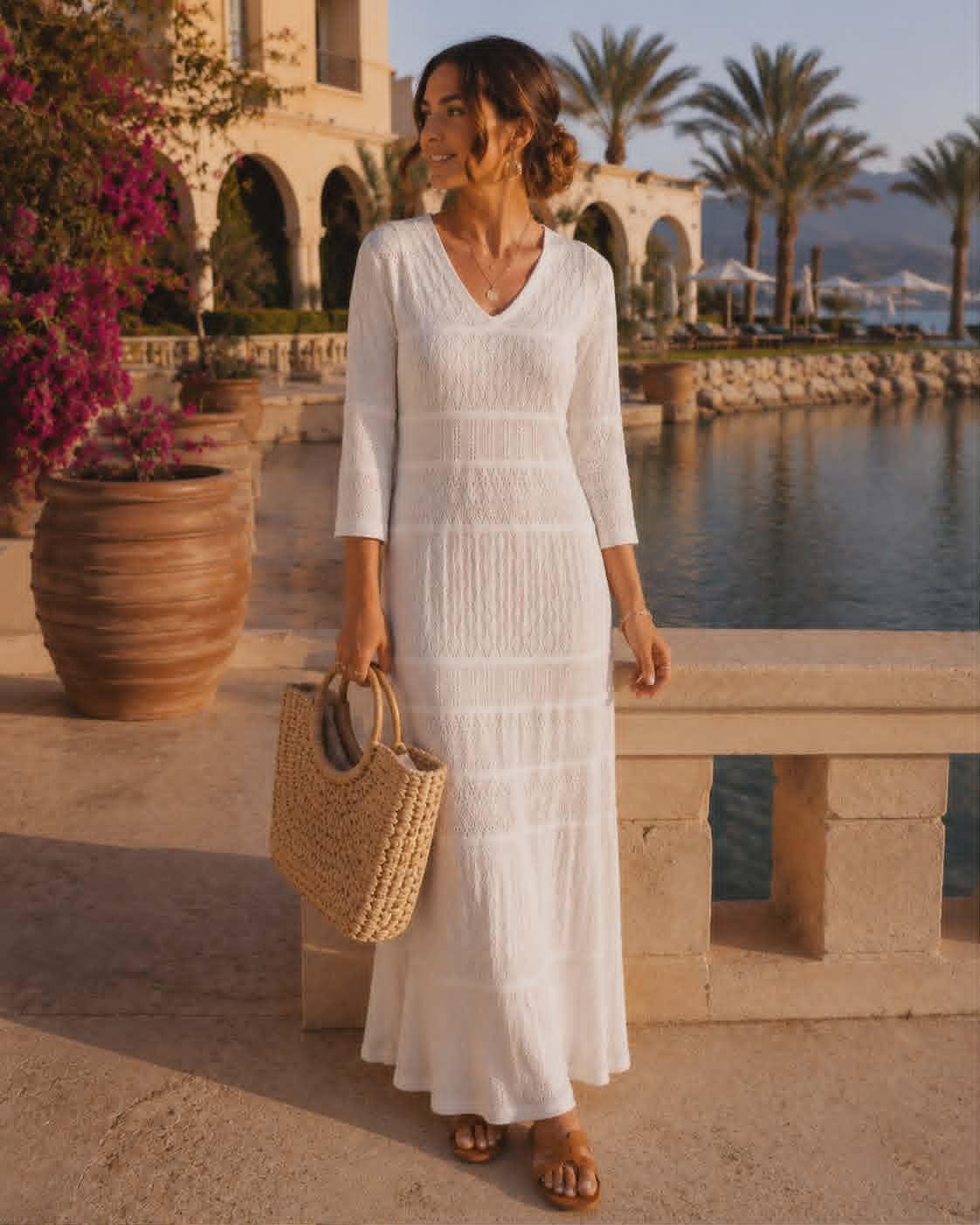 Beautiful resort chic woman wearing a white pointelle knit maxi dress at a luxury tropical resort during sunset.