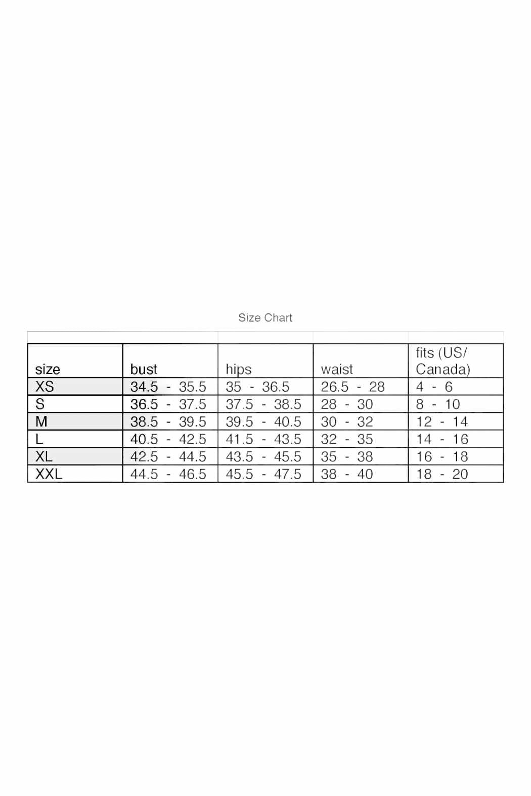 Size chart for clothing measurements on a white background