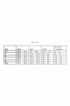 Size chart for clothing measurements on a white background