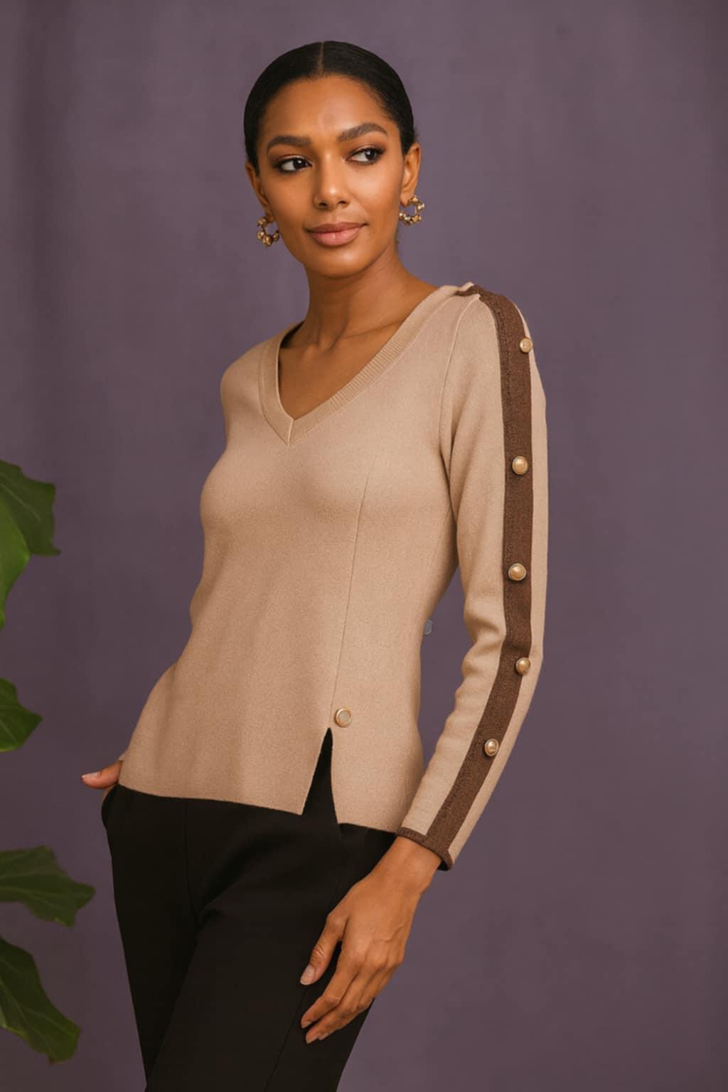 Alison Sheri camel V-neck sweater with chocolate stripe & gold button accents. Chic, soft knit perfect for work or casual wear.