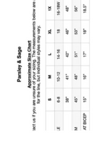 Size chart for clothing by Parsley & Sage with measurements in inches.