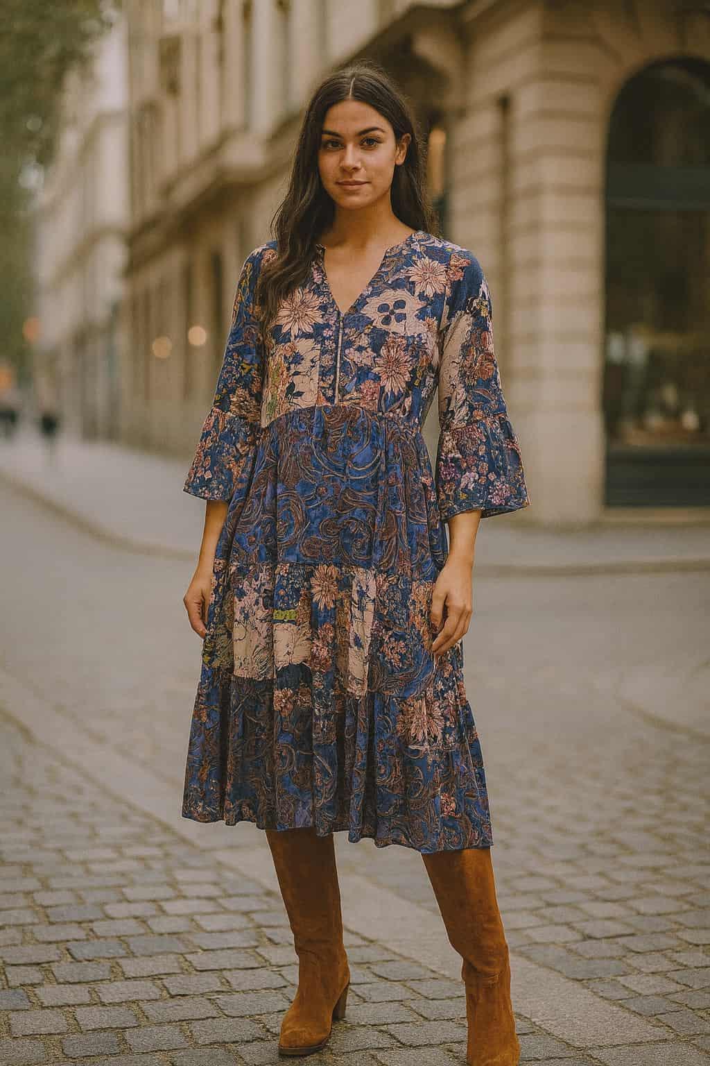 Boho patchwork floral print dress in navy with pink and peach accents
