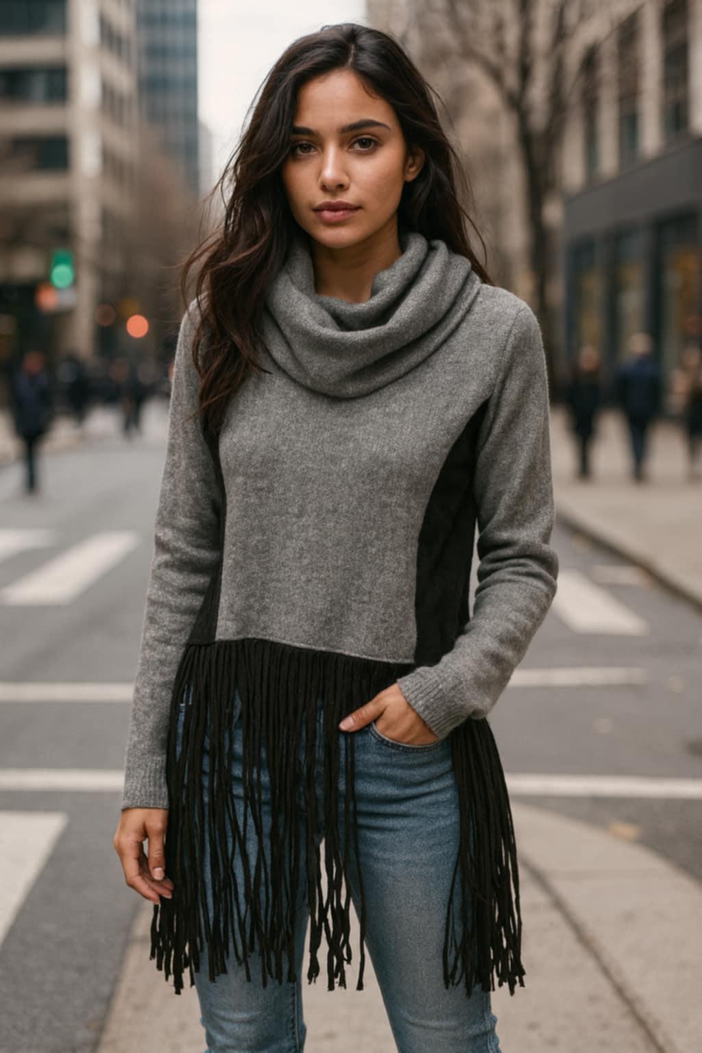 Front view of grey cowl neck sweater with black faux suede panels and 