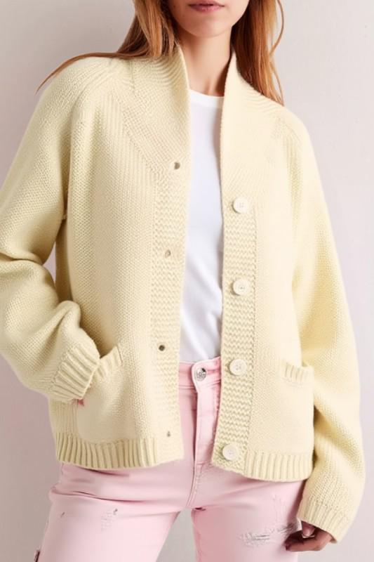 Cream button-front cardigan with ribbed cuffs and hem, featuring a bold red lobster graphic design on the back.