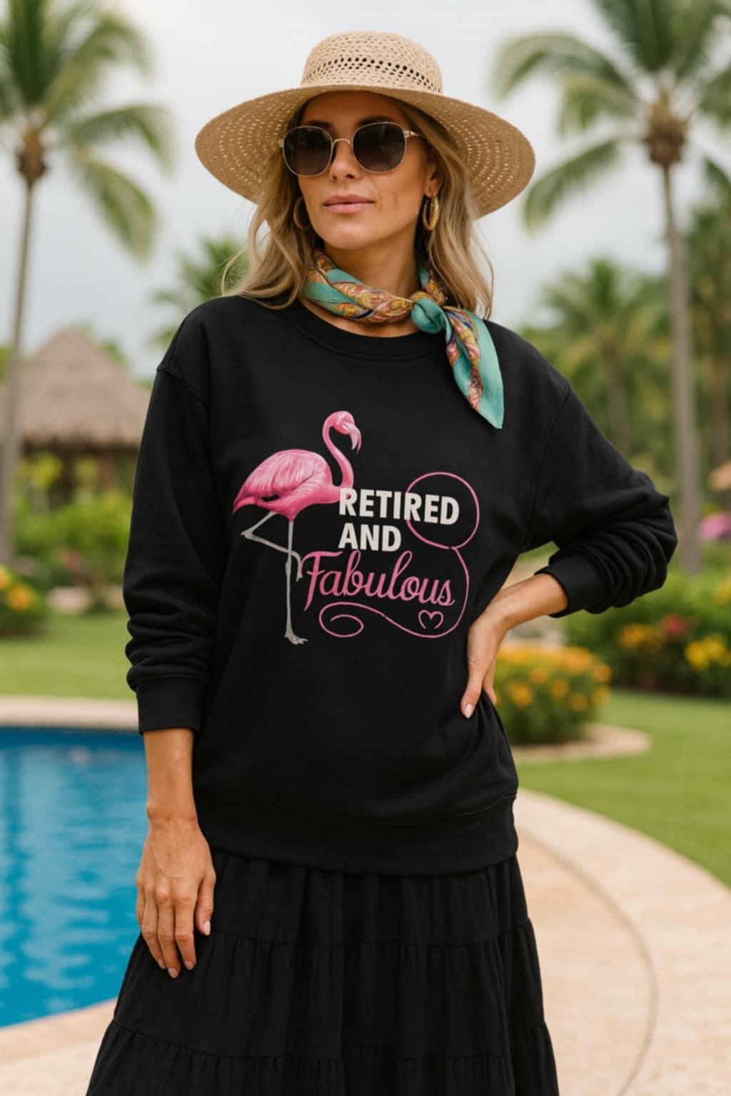 Black knit top with pink flamingo and “Retired and Fabulous” graphic, styled as a women’s casual resort chic sweatshirt.