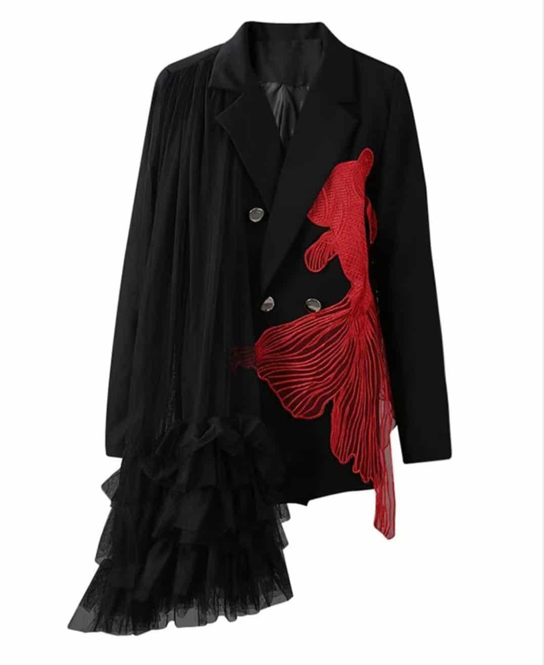 Black blazer with red embroidered koi fish and cascading tulle detail, styled with silver buttons – urban chic women’s statement jacket