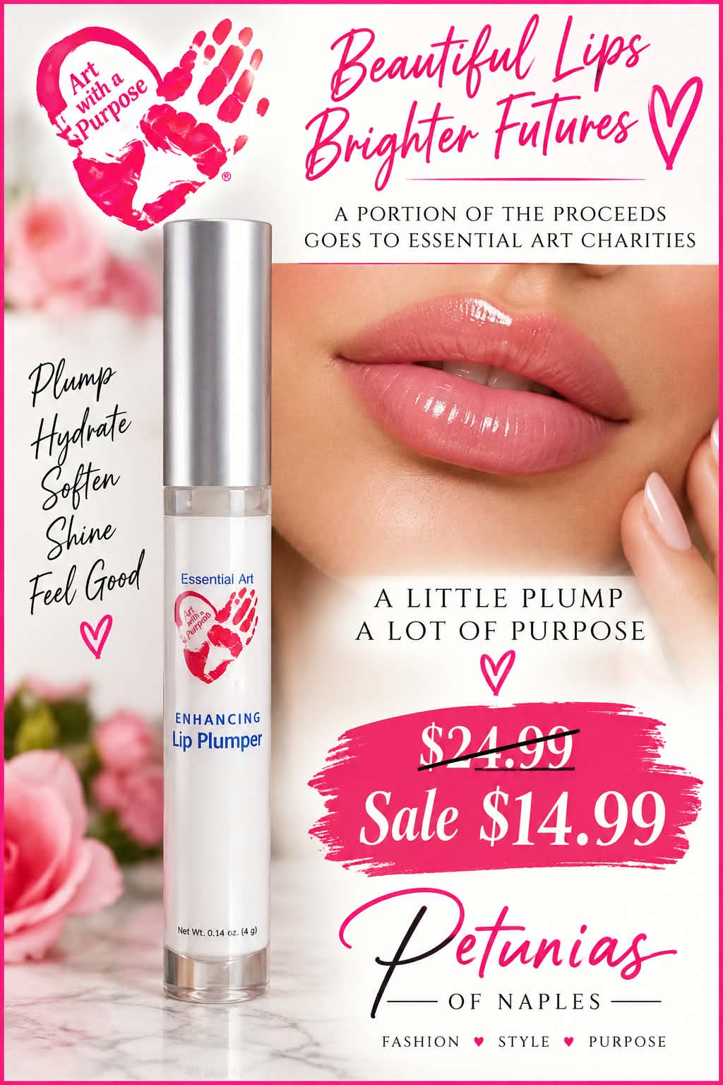 Essential Art Enhancing Lip Plumper on sale for $14.99 at Petunias of Naples, with a portion of proceeds benefiting Essential Art Charities.