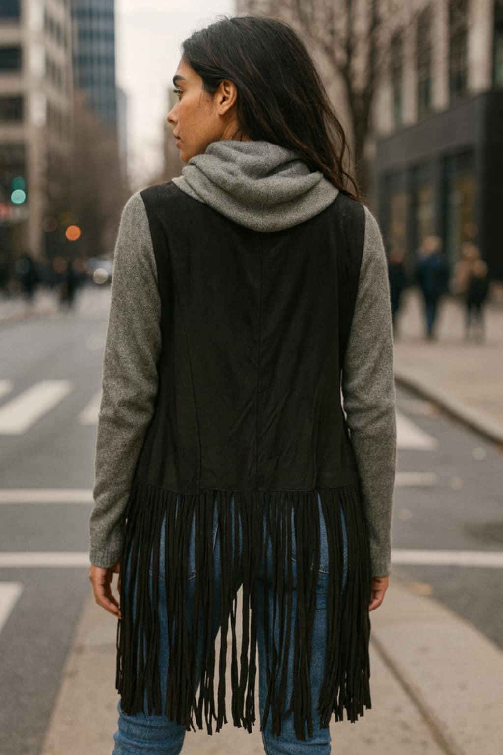 Back view of sweater with faux suede paneling and fringe detail