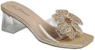 Gold crystal flower clear heel slide sandal with transparent strap and glitter sole