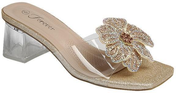 Gold crystal flower clear heel slide sandal with transparent strap and glitter sole