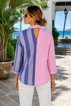 Parsley & Sage pink and blue mixed stripe knit button-front blouse with 3/4 sleeves for women
