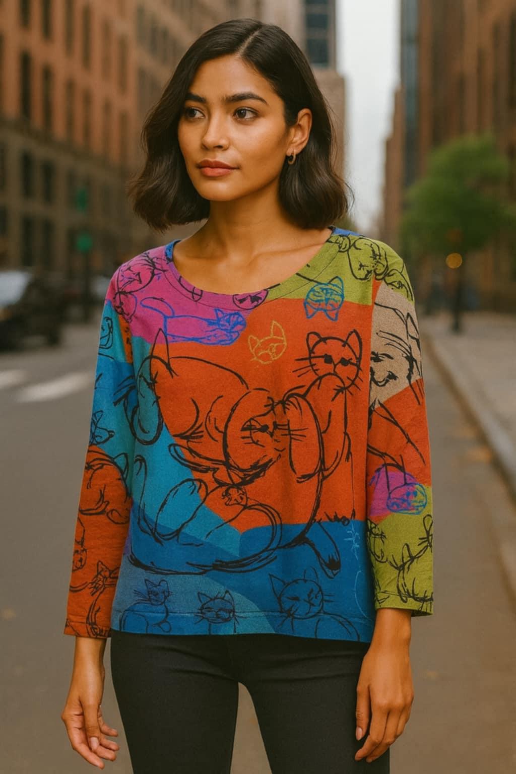 Parsley & Sage 3/4 sleeve knit top with colorful geometric blocks and whimsical cat illustrations in a relaxed pullover style.