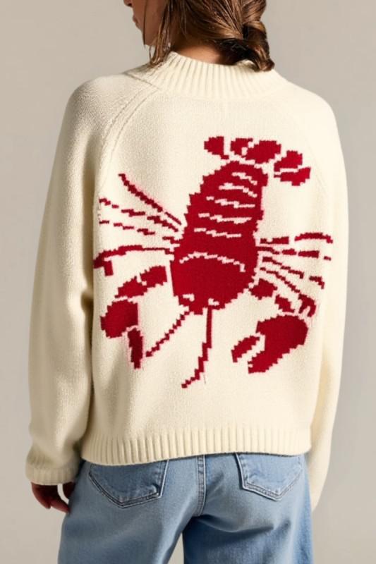 Cream button-front cardigan with ribbed cuffs and hem, featuring a bold red lobster graphic design on the back.