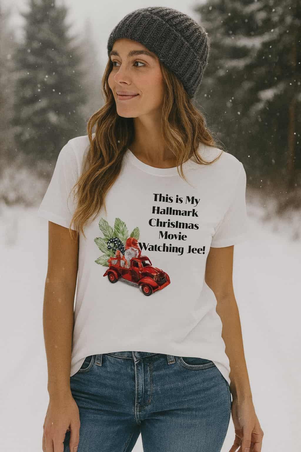 Hallmark Christmas Movie Watching Tee with red truck and Santa – front view