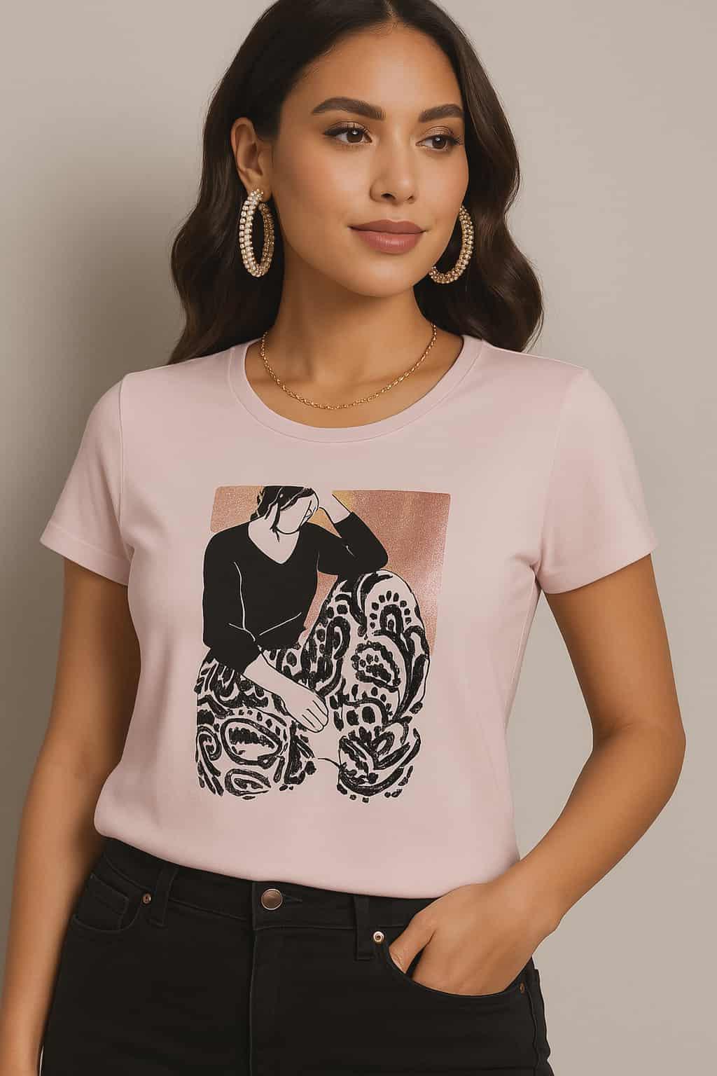 Front view of Orly graphic tee with metallic rose-gold shimmer and bling accents