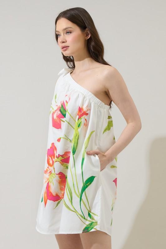 Sugar Lips tropical floral one-shoulder summer dress with pink flowers and breezy resort silhouette