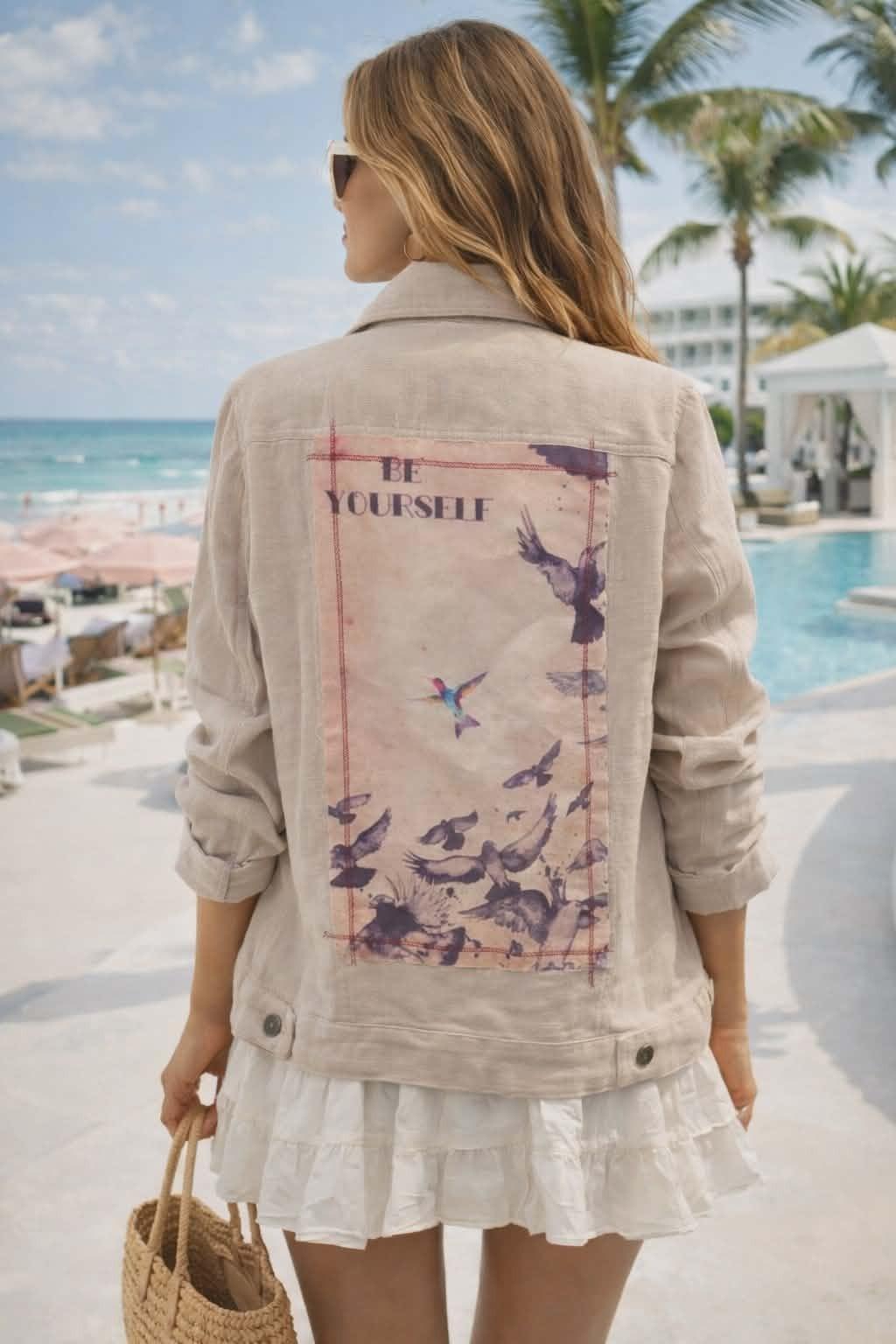 The Nu Vintage linen cotton blend jacket with “Be Yourself” bird artwork on the back shown in resort chic styling