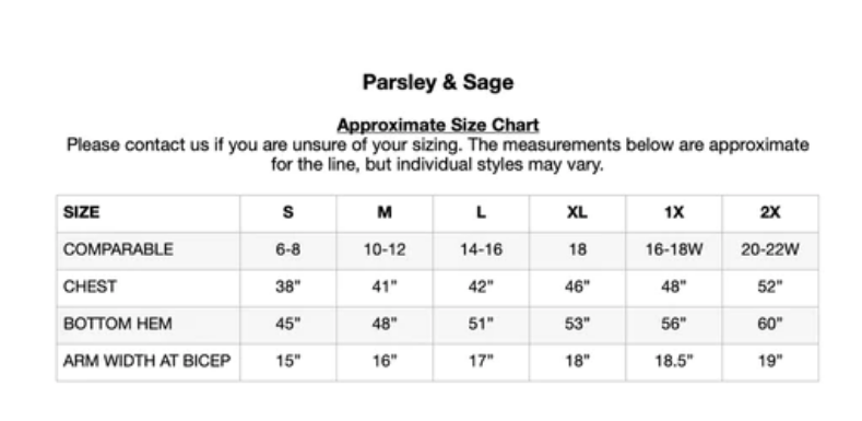 Size chart for clothing brand Parsley & Sage with measurements in inches.