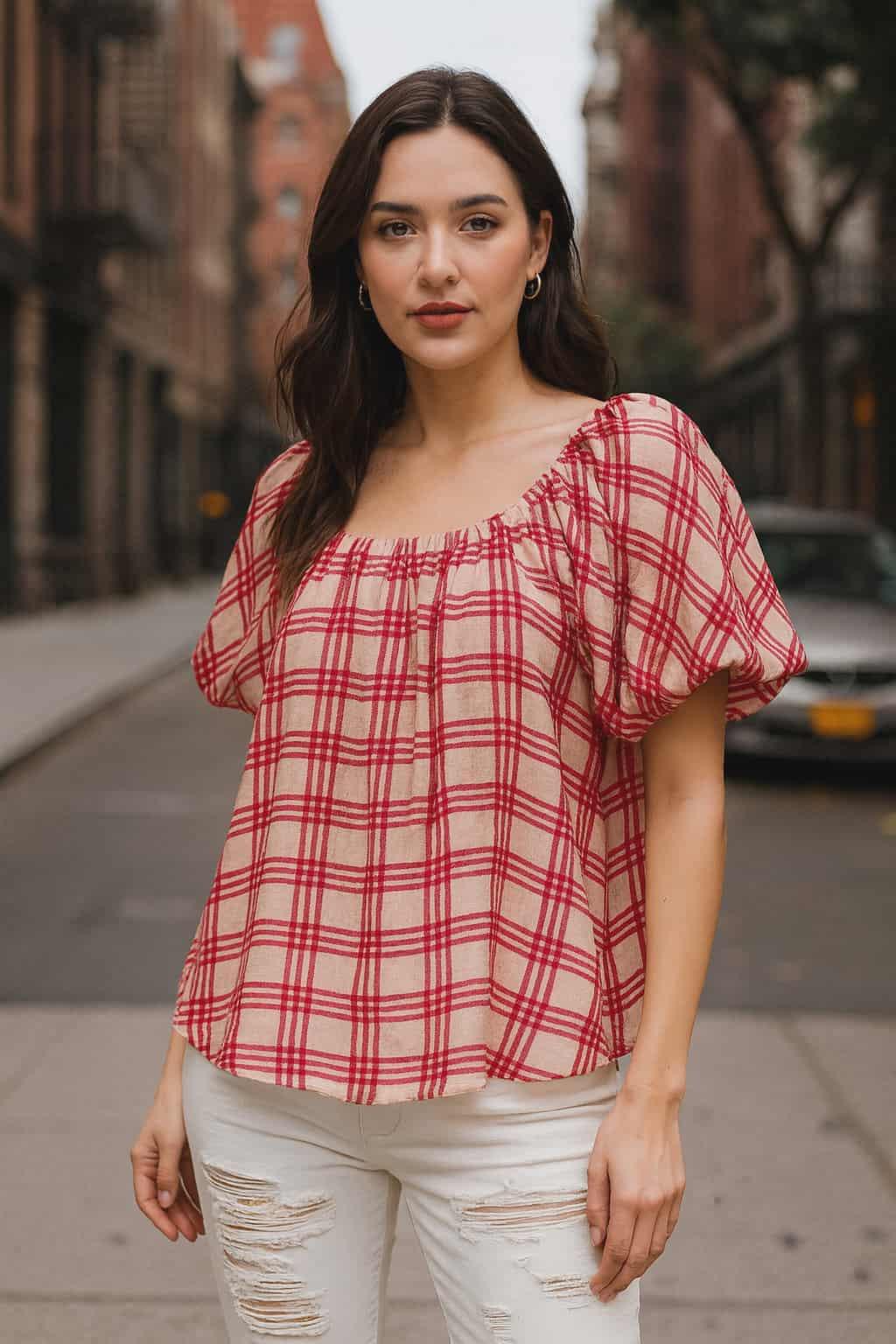 Beautiful woman wearing a red plaid peasant blouse with puff sleeves and white jeans, styled in an urban street background.
