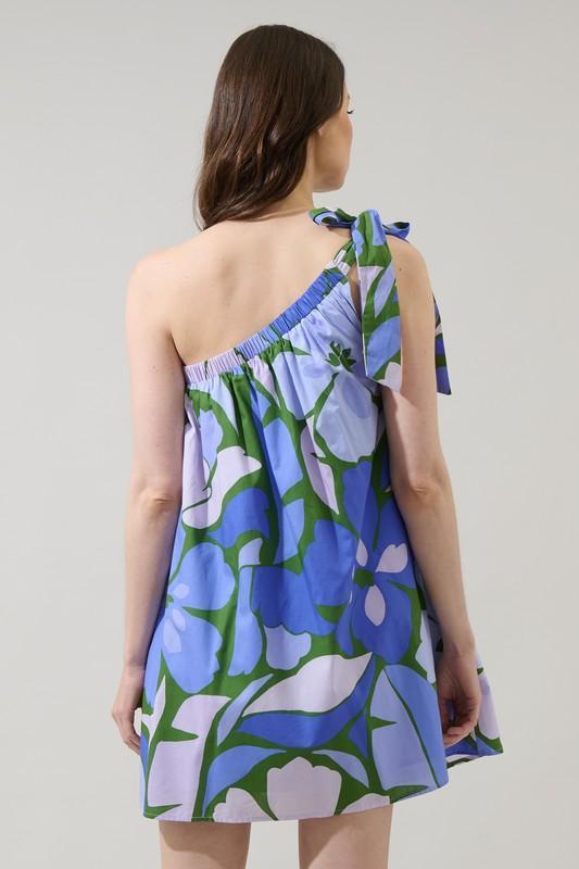 Sugar Lips blue floral one-shoulder summer dress with tie strap and breezy resort style silhouette