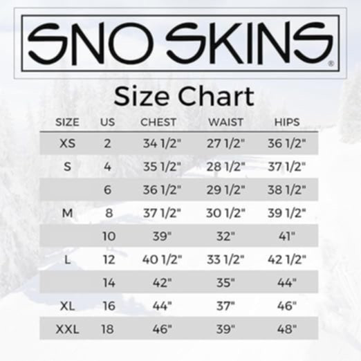 Sno Skins size chart on a white background